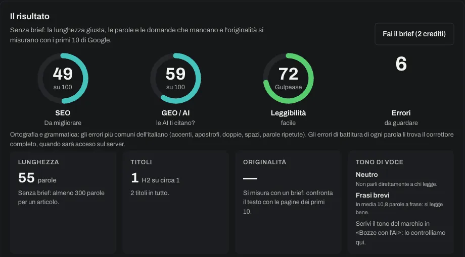 Il controllo di un testo di prova: voto SEO, voto per le AI, leggibilità ed errori da guardare.