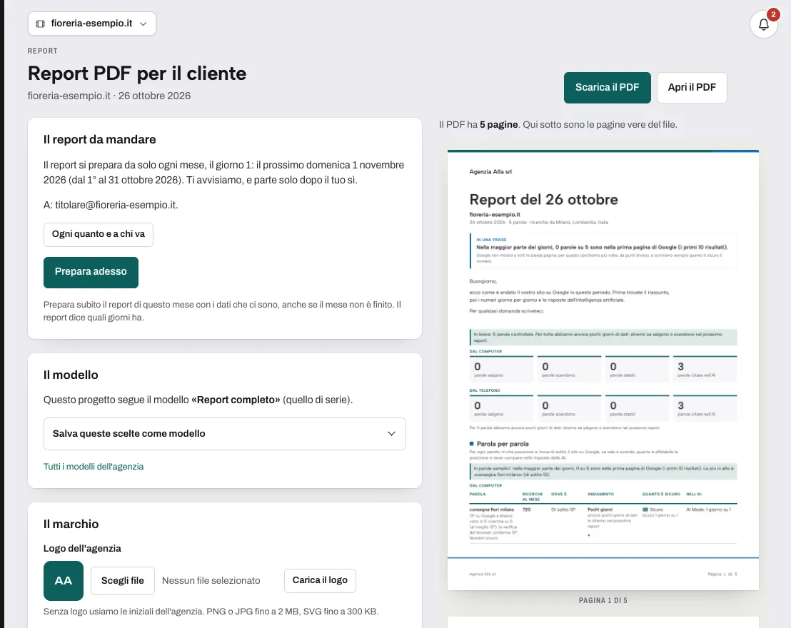 La pagina del report di un progetto di prova: il report da mandare, il modello, il marchio dell’agenzia e l’anteprima del PDF.